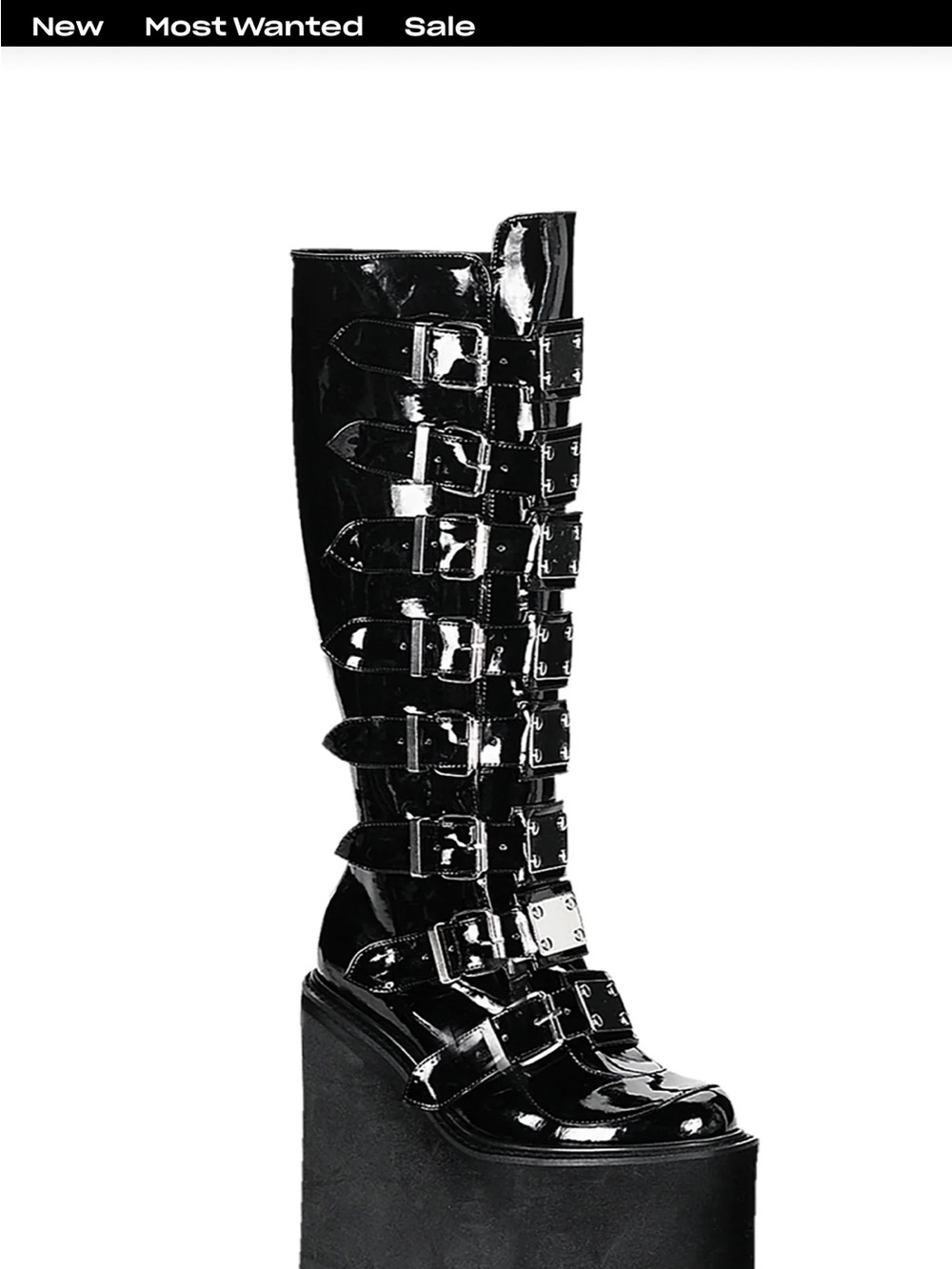 DOLLS KILL Demonia Black Patent Knee Buckle Platform Boots